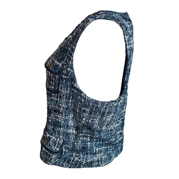 Caché Tweed Vest Blue & White with Silver Buttons Wool Blend Vest 12 - Picture 5 of 14